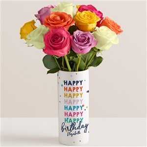 Happy Birthday Personalized Vase with Live Rose Bouquet - 52631