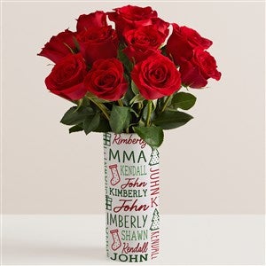 Holiday Repeating Name Personalized Vase with Red Rose Bouquet - 52634