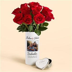 Soulmates Photo Personalized Vase with Red Rose Bouquet  Heart Box - 53174