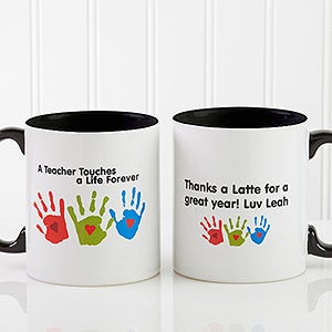 Personalized Teacher Coffee Mugs - Kids Handprints - Black Handle - 8027-B
