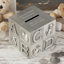 Baby Block Engraved Pewter Piggy Bank - 25156