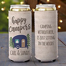 Engraved Beverage Koozie Holder- Happy Camper Dark Brown