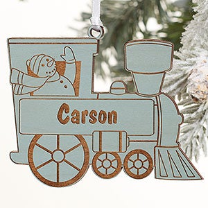 Holiday Train Personalized Blue Stain Wood Ornament