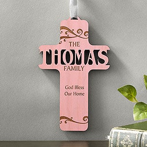 Bless Our Family Personalized Pink Stain Wood Cross