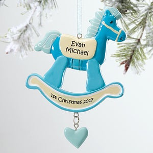 Rocking Horse 1st Christmas© Personalized Ornament-Blue