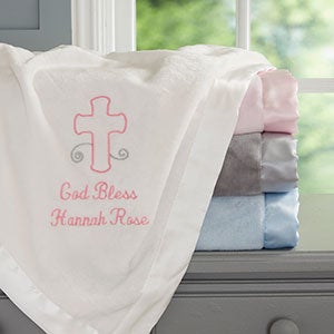 Personalized Cross Baby Blankets - God Bless Baby - Ivory