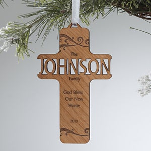 Bless Our Family Personalized Natural Wood Cross Ornament