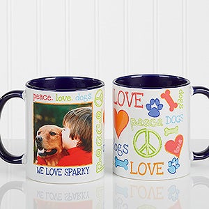 Peace, Love, Dogs Personalized Pet Coffee Mug - Blue Handle