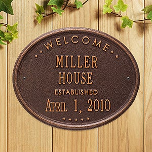 Oval Welcome Personalized Aluminum House Plaque - Antique Copper