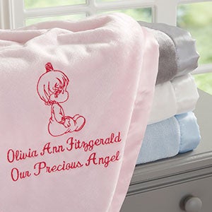 Girls Personalized Baby Blankets - Precious Moments - Blue