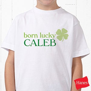 Personalized Kids T Shirt   Born Lucky Four Leaf Clover