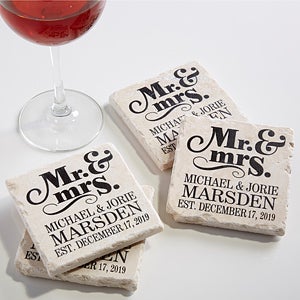 Personalized Stone Coaster Set - Mr & Mrs Wedding Coasters