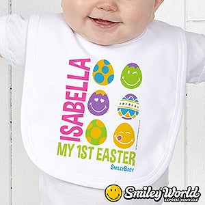 Personalized First Easter Baby Bib   Smiley Face Easter Eggs
