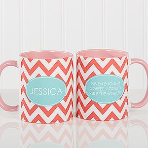 Personalized Large Coffee Mugs - Preppy Chic Chevron - Pink Mug