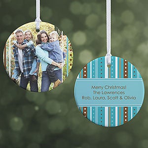 Personalized Photo Christmas Ornament - Blue Stripes - 2-Sided