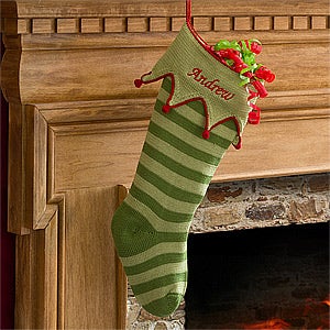 Seasonal Stripe Embroidered Knit Stocking Green Cuff & Green Stripes