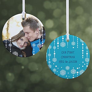 Personalized Photo Christmas Ornament - Blue Snowflakes - 2-Sided