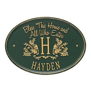 Bless Our Home Personalized Aluminum Plaque - Green And Gold