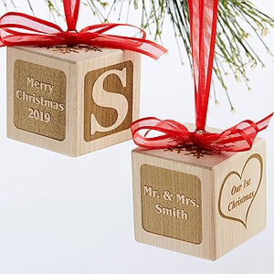 Personalized Newlywed Wood Block Ornament - Our First Christmas