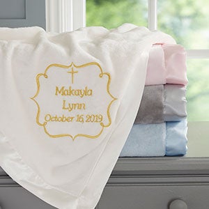 Embroidered Religious Baby Blanket - Joyful Blessing - Ivory