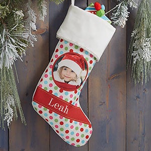 Polka Dot Christmas Personalized Ivory Photo Stocking