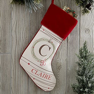 Holiday Wreath Monogrammed Burgundy Christmas Stocking