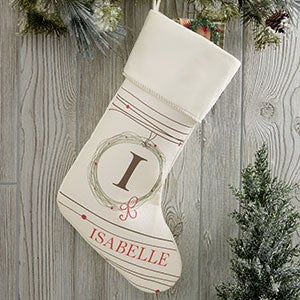 Holiday Wreath Monogrammed Ivory Christmas Stocking