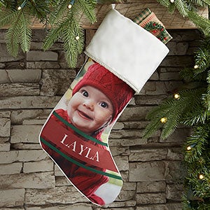 Holly Jolly Smile Ivory Photo Christmas Stocking