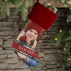 Holly Jolly Smile Burgundy Photo Christmas Stocking