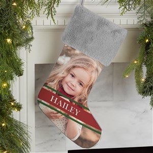 Holly Jolly Smile Grey Fur Photo Christmas Stocking