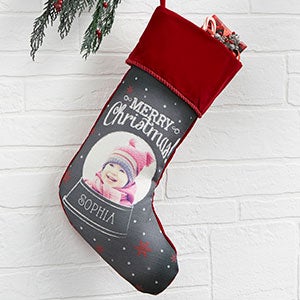 Snow Globe Personalized Burgundy Photo Christmas Stocking