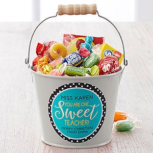 One Sweet Teacher Personalized Mini Metal Bucket - Silver