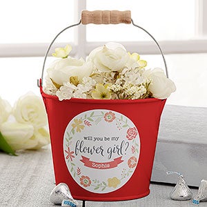 Flower Girl Personalized Mini Metal Bucket - Red