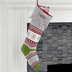 Trendy Holiday Embroidered Green Toe Knit Stocking