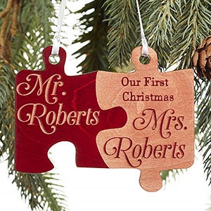 Mr & Mrs Red Wood Wedding Ornament