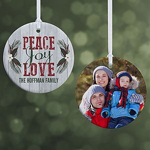 Personalized Rustic Christmas Photo Ornament - Peace Love Joy