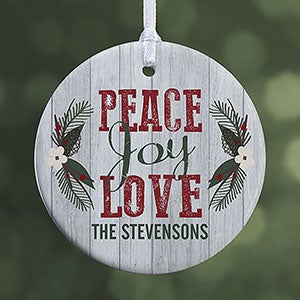 Personalized Peace Love Joy Rustic Christmas Ornament