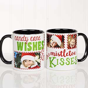 Candy Cane Wishes and Mistletoe Kisses Photo Christmas Mug 11oz.- Black