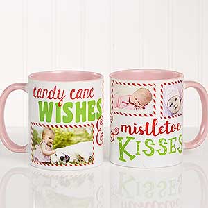 Candy Cane Wishes and Mistletoe Kisses Photo Christmas Mug 11 oz.- Pink