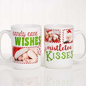 Candy Cane Wishes and Mistletoe Kisses Photo Christmas Mug 15 oz.- White