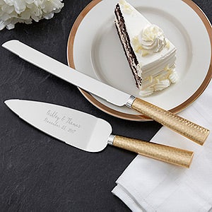 Gold Hammered Engraved Cake Knife & Server Set