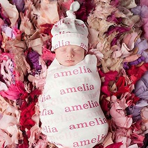 Classic Repeating Name Personalized Baby Hat & Swaddle Blanket