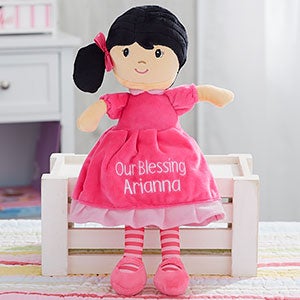 Pretty Pink Embroidered Doll - Light Skin & Dark Hair