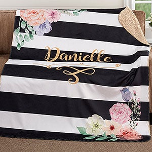 Black & White Floral Name Personalized 50x60 Sherpa Blanket