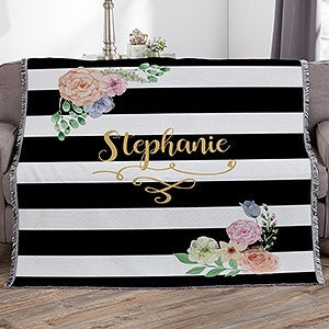 Black & White Floral Name Personalized 56x60 Woven Throw Blanket