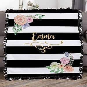 Black & White Floral Name Personalized 50x60 DIY Tie Blanket