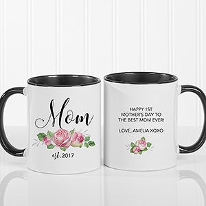 New Mom Personalized Floral Coffee Mug 11 oz.- Black