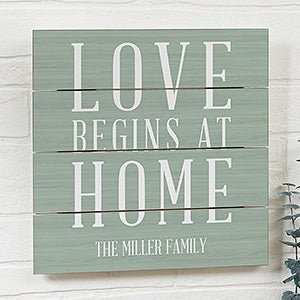 Love Begins At Home 12x12 Personalized Wood Slat Sign