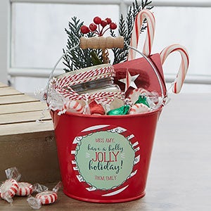 Holly Jolly Personalized Mini Metal Teacher Bucket - Red