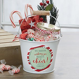 Holly Jolly Personalized Mini Metal Teacher Bucket - White